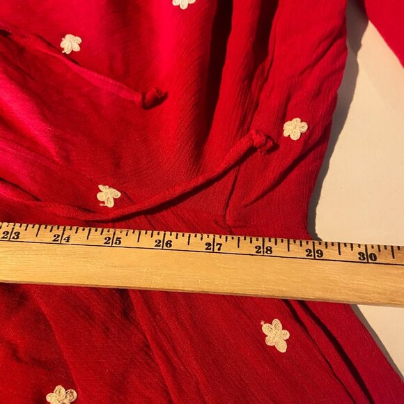 Free People Women XS Embroidered Wide Leg Jumpsuit Red Boho V Neck Cropped Puff - Picture 11 of 13